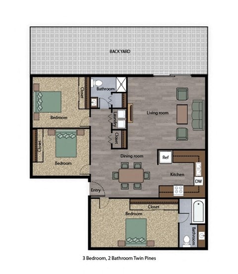 Floor plan for 3 beds, 2 baths, 1185 sqft
